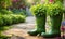 Rubber boots nestled among a vibrant garden, with green foliage enveloping the boots
