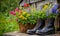 Rubber boots nestled among a vibrant garden, with green foliage enveloping the boots