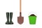 Rubber boots, shovel and plastic bucket with soil isolated