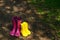 Rubber boots for woman and child in the garden