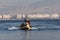 Rubber dinghy on the sea in front of Izmir Turkey