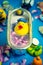 Rubber duck in the bathtub, colorful background with shells, rose petals and other rubber ducks, rubber ducks