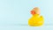 Rubber duck with cracked eggshell on pastel blue background. Easter minimal concept. Creative Happy Easter or spring layout