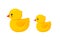 Rubber duck family isolated in white background. Side view of yellow plastic duck toys, parent and baby. Vector