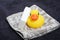 Rubber ducky, soap and towel
