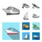 A rubber fishing boat, a kayak with oars, a fishing schooner, a motor yacht.Ships and water transport set collection