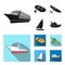 A rubber fishing boat, a kayak with oars, a fishing schooner, a motor yacht.Ships and water transport set collection