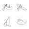 A rubber fishing boat, a kayak with oars, a fishing schooner, a motor yacht.Ships and water transport set collection