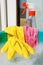 Rubber glove, wet cloth, spray bottle, soapy water