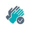 Rubber gloves with tick checkmark colored icon. Hand protective, infection prevention symbol
