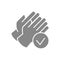 Rubber gloves with tick checkmark gray icon. Hand protective, infection prevention symbol