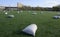 Rubber granule sacks prepared for soccer field with artificial grass. Shot in summer 2020 in Chelyabinsk, Russia.