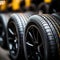 Rubber inventory Close up of bulk car tires in store, tire shop backdrop