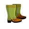 Rubber muddy boot with dirt. Waterproof rain shoes for fishing and gardening.