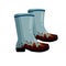 Rubber muddy boot with dirt. Waterproof rain shoes for fishing and gardening.