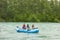 A rubber raft outfitted for fishing as seen in alaska in the summertime