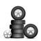 Rubber tires. Isolated realistic car wheels. Aito service, tire repair. Black wheel rim vector illustration