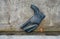 A rubber work boot laying in the gutter of a street.