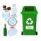 Rubbish bin for recycling different types of waste. Garbage container for glass trash vector infographics