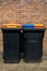 Rubbish bins for segregation plastic and paper to further recycle. Black trash cans for one household on brick wall background.