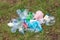 Rubbish such as plastic and glass bottles, tins, cans and pieces of paper on grass