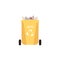 Rubbish yellow bin with metal waste and garbage for recycling with tin can, fork and spoon.