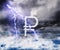 The ruble currency symbol in the stormy skies with lightning strikes