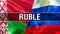 Ruble on Russia and Belarus flags. Waving flag design,3D rendering. Russia Belarus flag picture, wallpaper image. Russian