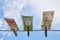 Rubles, dollars and euros hang on a clothesline, bottom view