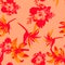Ruby Pattern Design. Pink Seamless Leaves. Scarlet Tropical Plant. Coral Flower Design. Red Wallpaper Botanical. Decoration Nature