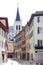 Rue de l`Hotel de Ville and Eglise Saint-Francois de Sales in Thonon-les-Bains, France
