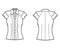 Ruffled shirt technical fashion illustration with sharp collar, fluttery ruffles short sleeves, fitted body.
