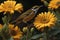 Rufous-throated Warbler sitting on a yellow flower. generative ai