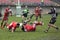 Rugby action on muddy field