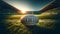 Rugby ball on an empty rugby field. Generative AI