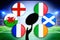 Rugby ball silhouette in hand. Flags of Six Nations, England, Wales, France, Italy, Ireland, Scotland