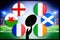 Rugby ball silhouette in hand. Flags of Six Nations, England, Wales, France, Italy, Ireland, Scotland