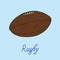 Rugby brown ball, hand drawn doodle sketch with inscription, isolated vector color illustration