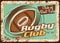 Rugby club rusty metal plate, vector ball tin sign