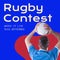 Rugby contest text in white on blue with rear view of caucasian male rugby player holding ball