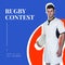 Rugby contest text in white on blue and red with caucasian male rugby player holding ball