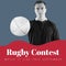 Rugby contest text in white on red and grey with caucasian male rugby player holding ball