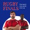 Rugby finals text in red on blue with portrait of two diverse male rugby players