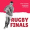 Rugby finals text in red on white with caucasian male rugby player running with ball