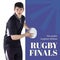 Rugby finals text in white on blue with caucasian male rugby player holding ball