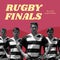 Rugby finals text in yellow on pink with portrait of caucasian male rugby team