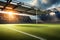 A rugby pitch with dew-covered grass, glistening in the early morning sunlight before a game begins