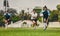 Rugby, running or sports men in game playing a training game for cardio exercise or workout outdoors. Fitness speed