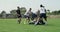 Rugby, running and team with ball on field for game, match or practice workout with men on grass. Fitness, sports club