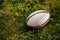 Rugby sports field with green grass for the game of rugby. Focus on ball, sports base at background.